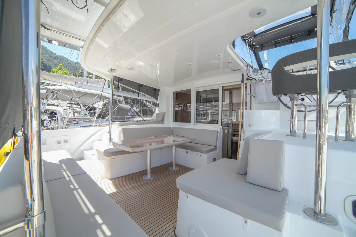 Deck of Sail Sagitta, a Lagoon 40 catamaran at Fethiye, Turkey