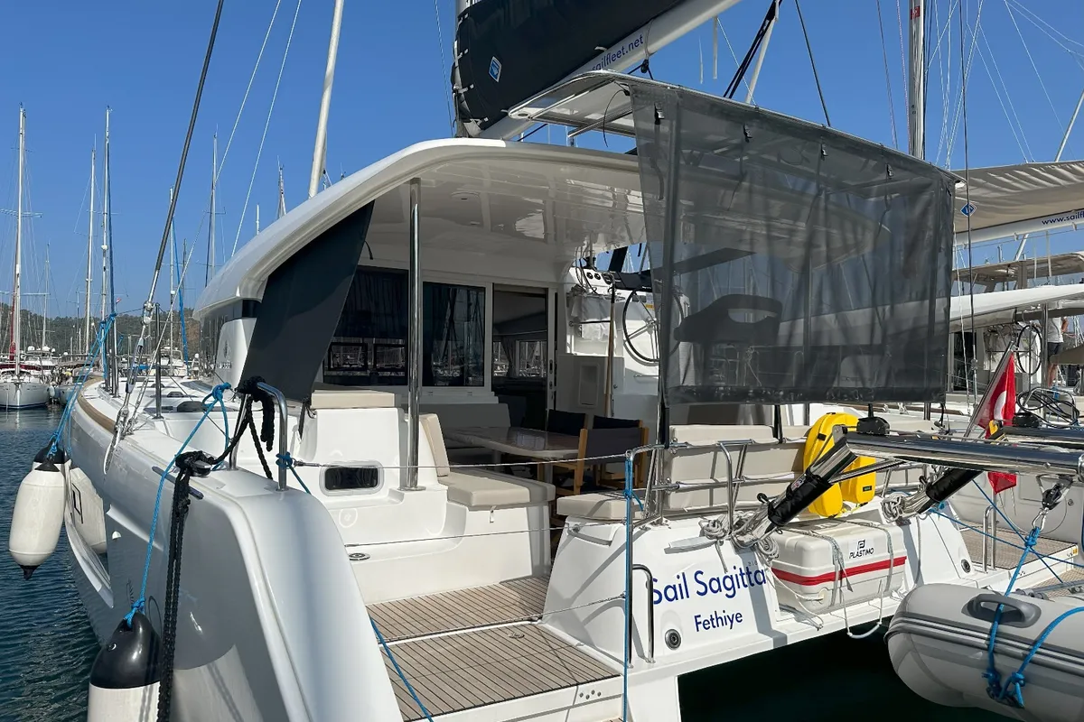 Head on Sail Sagitta, a Lagoon 40 catamaran at Fethiye, Turkey