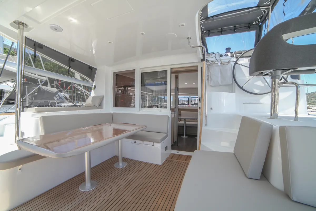 Deck of Sail Sagitta, a Lagoon 40 catamaran at Fethiye, Turkey