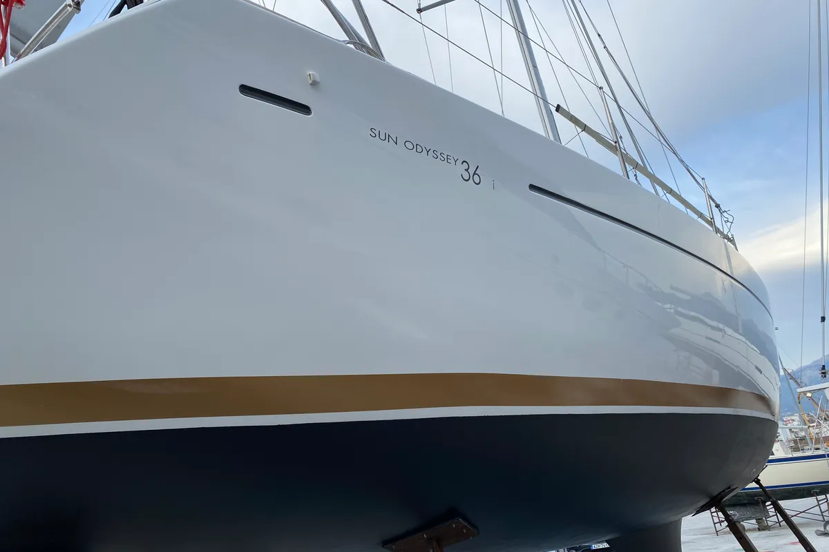 Exterior view of Babis 2010, a Jeanneau Sun Odyssey 36i sailboat at Municipal Unit of Lefkada, Greece