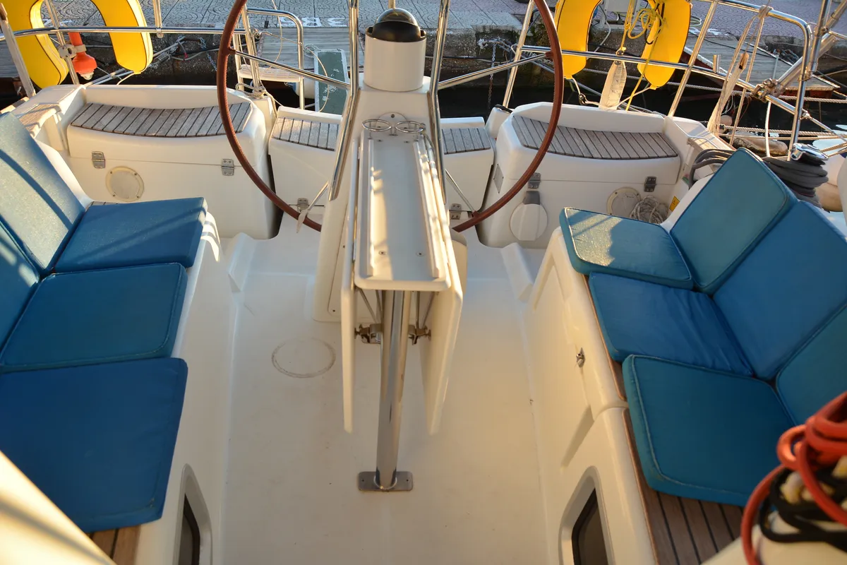 Cockpit of Babis 2010, a Jeanneau Sun Odyssey 36i sailboat at Municipal Unit of Lefkada, Greece