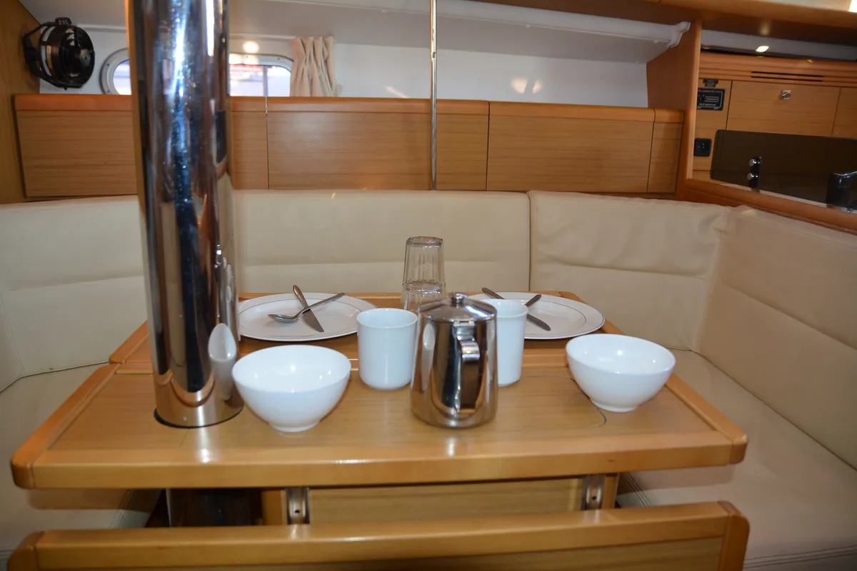 Salon of Babis 2010, a Jeanneau Sun Odyssey 36i sailboat at Municipal Unit of Lefkada, Greece