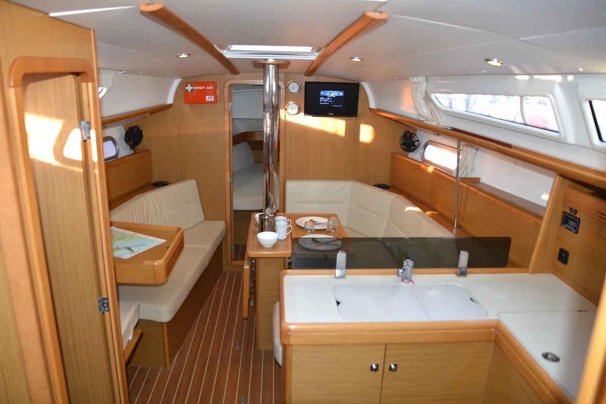 Salon of Babis 2010, a Jeanneau Sun Odyssey 36i sailboat at Municipal Unit of Lefkada, Greece