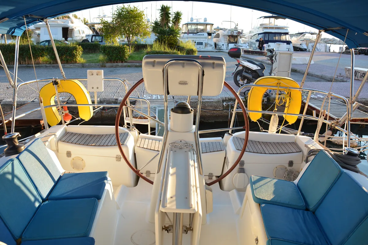 Cockpit of Babis 2010, a Jeanneau Sun Odyssey 36i sailboat at Municipal Unit of Lefkada, Greece