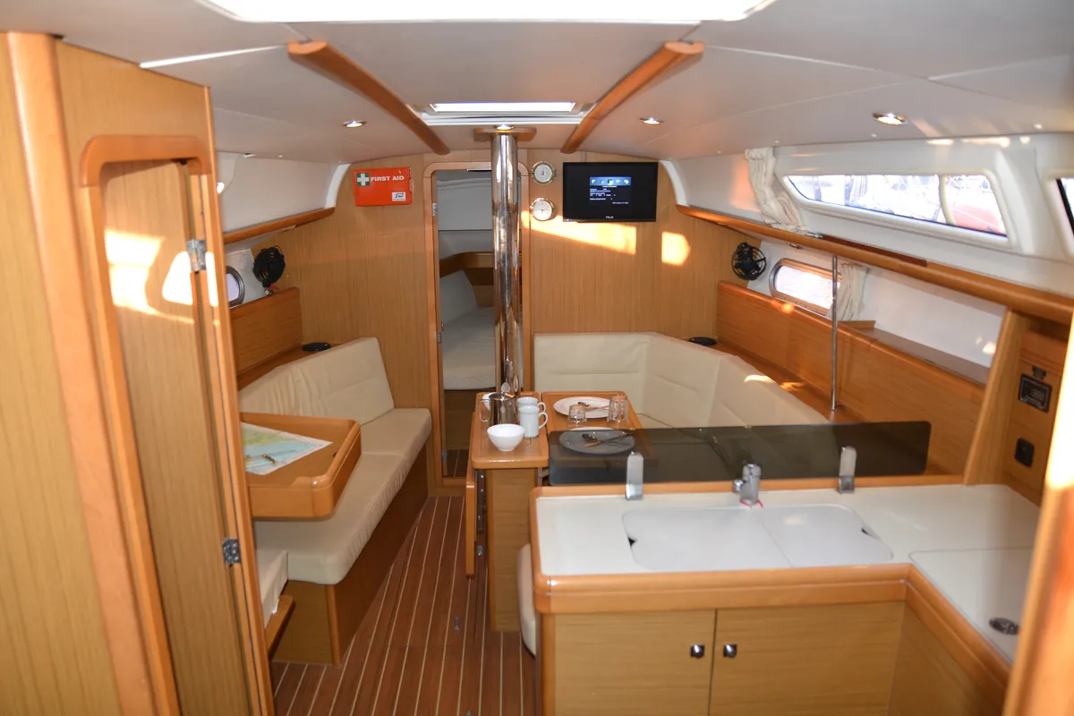 Salon of Babis 2010, a Jeanneau Sun Odyssey 36i sailboat at Municipal Unit of Lefkada, Greece