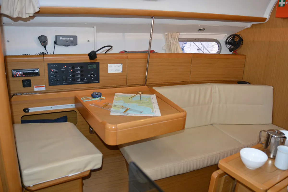 Salon of Babis 2010, a Jeanneau Sun Odyssey 36i sailboat at Municipal Unit of Lefkada, Greece