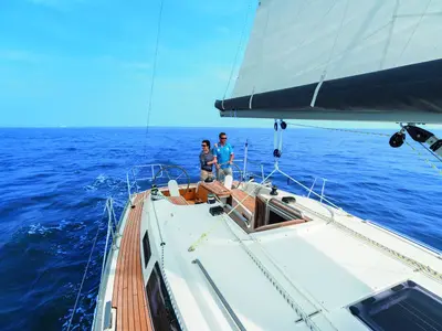 Deck of Signorina, a Bavaria Cruiser 34 sailboat at Portoferraio, Italy