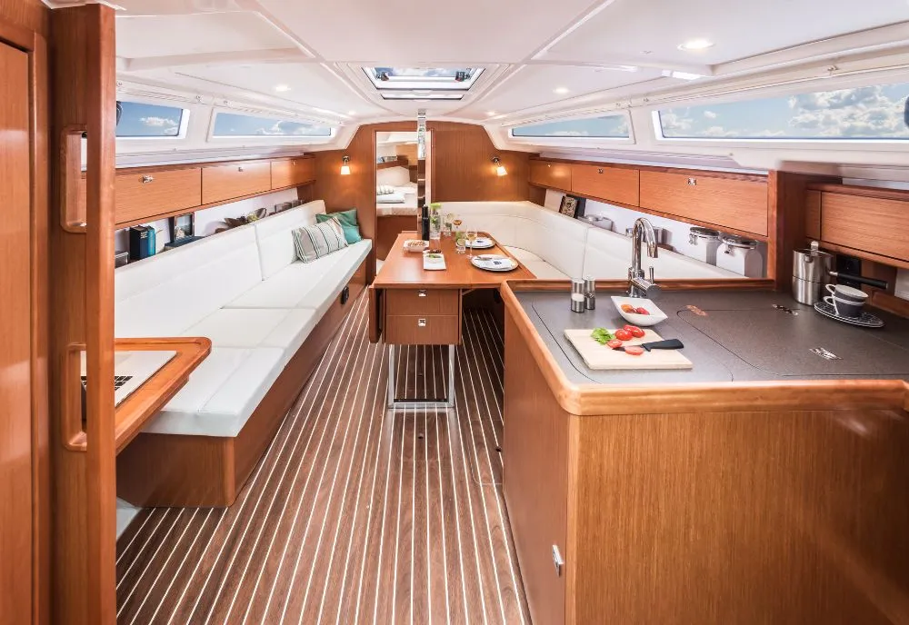 Salon of Signorina, a Bavaria Cruiser 34 sailboat at Portoferraio, Italy