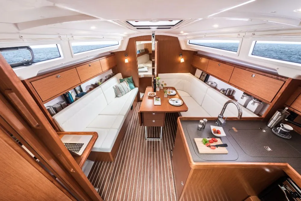 Salon of Signorina, a Bavaria Cruiser 34 sailboat at Portoferraio, Italy
