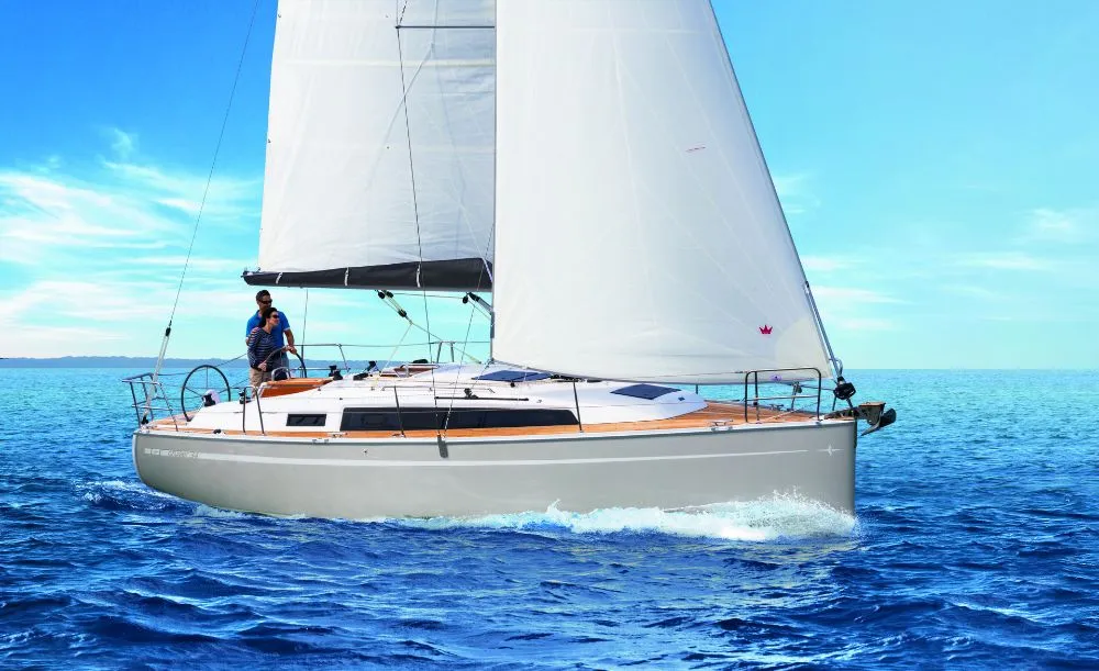 Exterior view of Signorina, a Bavaria Cruiser 34 sailboat at Portoferraio, Italy