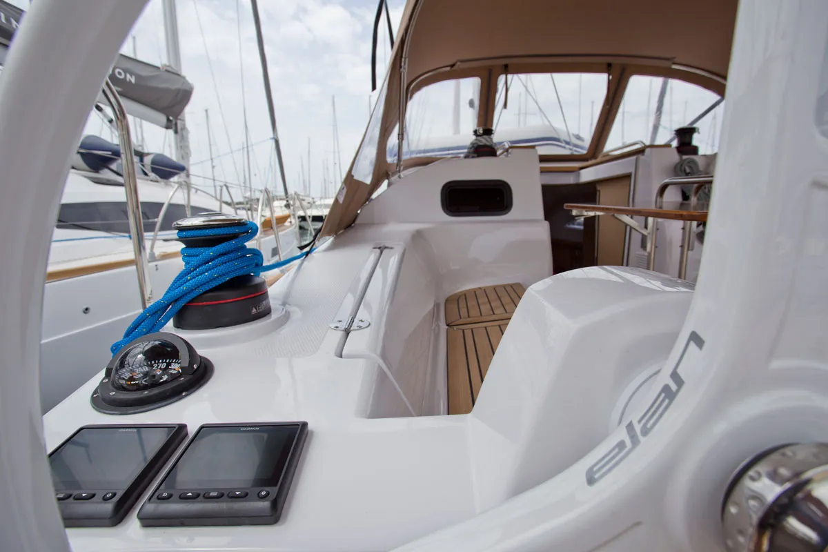 Cockpit of Silente, a Elan Impression 40 sailboat at Grad Labin, Croatia