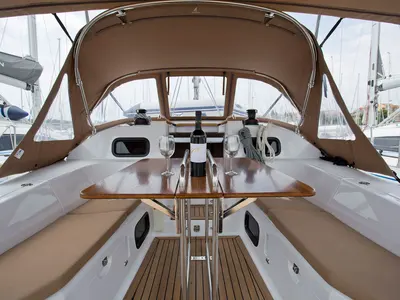 Deck of Silente, a Elan Impression 40 sailboat at Grad Labin, Croatia