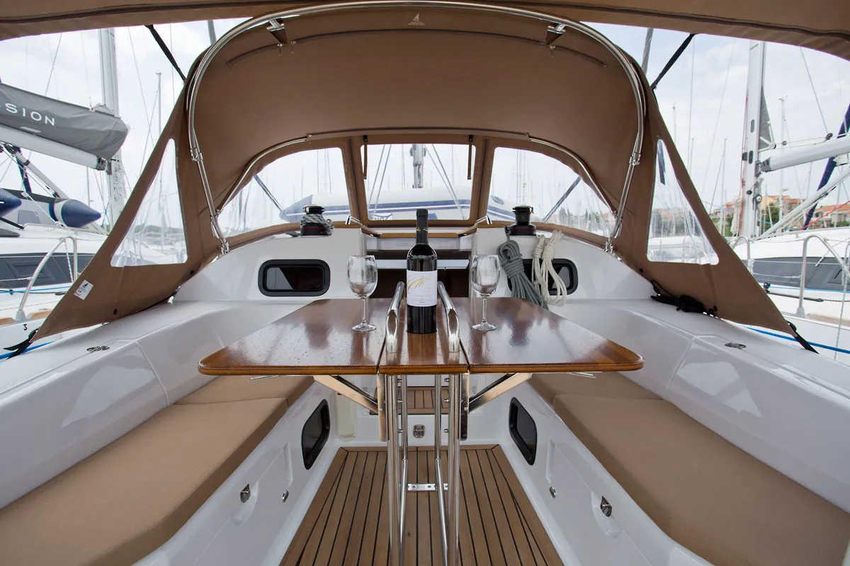 Deck of Silente, a Elan Impression 40 sailboat at Grad Labin, Croatia