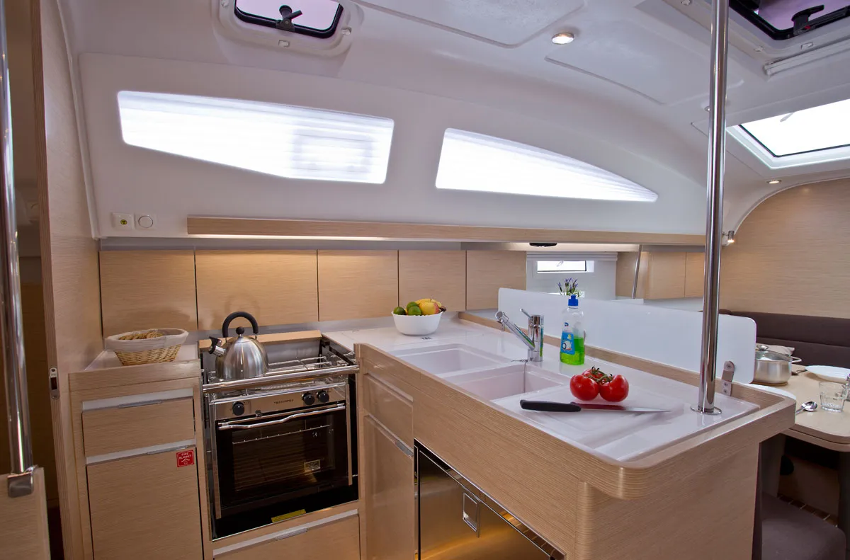 Galley of Silente, a Elan Impression 40 sailboat at Grad Labin, Croatia