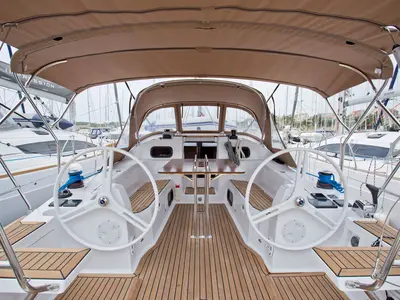 Cockpit of Silente, a Elan Impression 40 sailboat at Grad Labin, Croatia