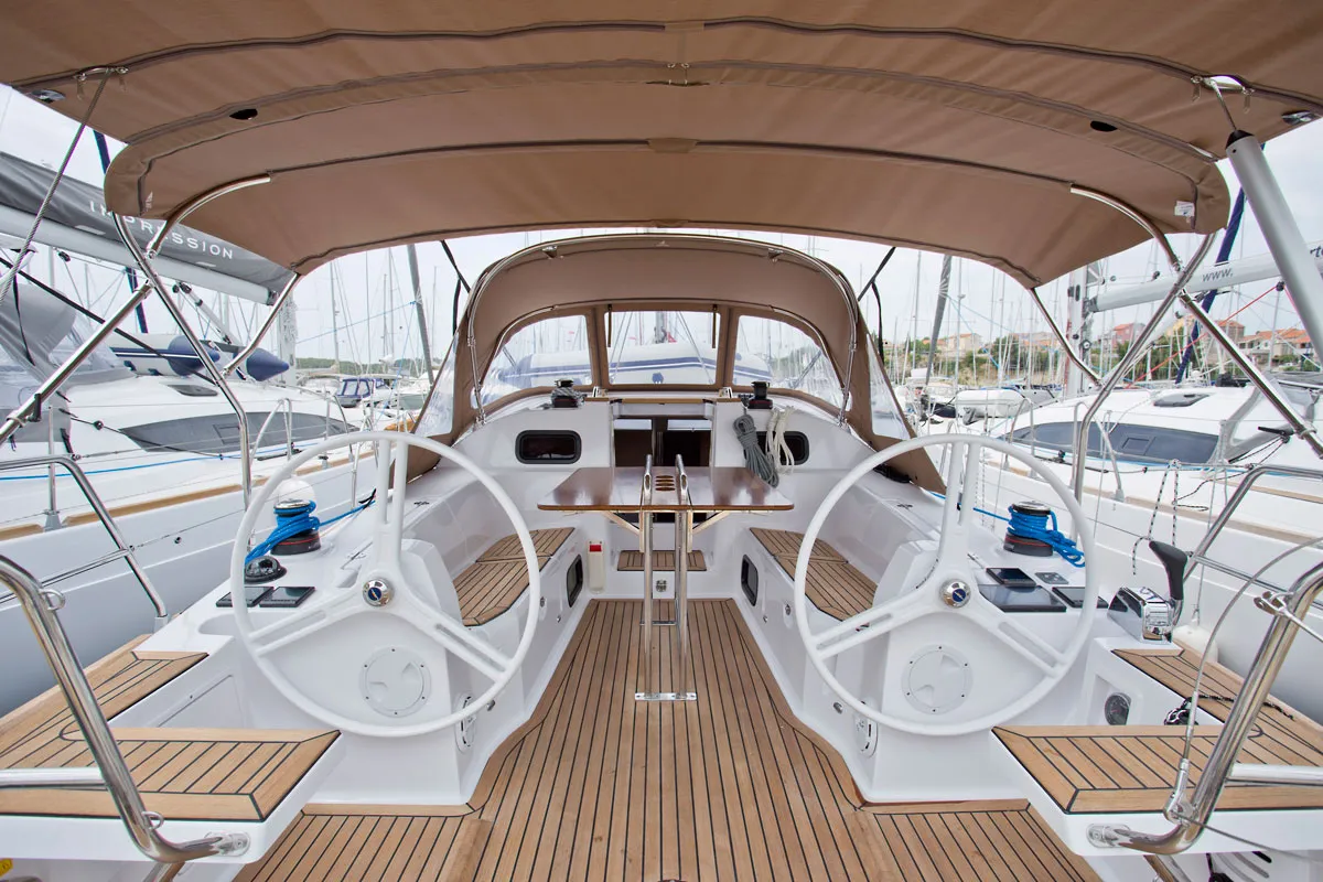 Cockpit of Silente, a Elan Impression 40 sailboat at Grad Labin, Croatia