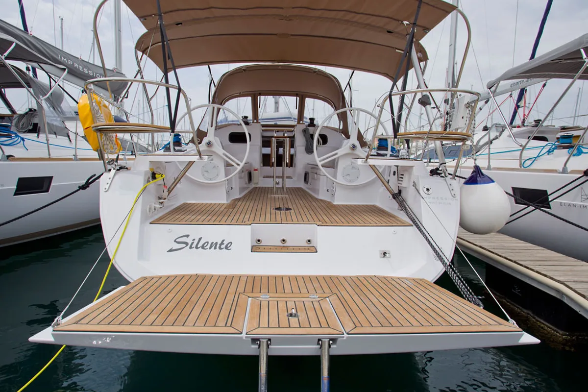 Exterior view of Silente, a Elan Impression 40 sailboat at Grad Labin, Croatia