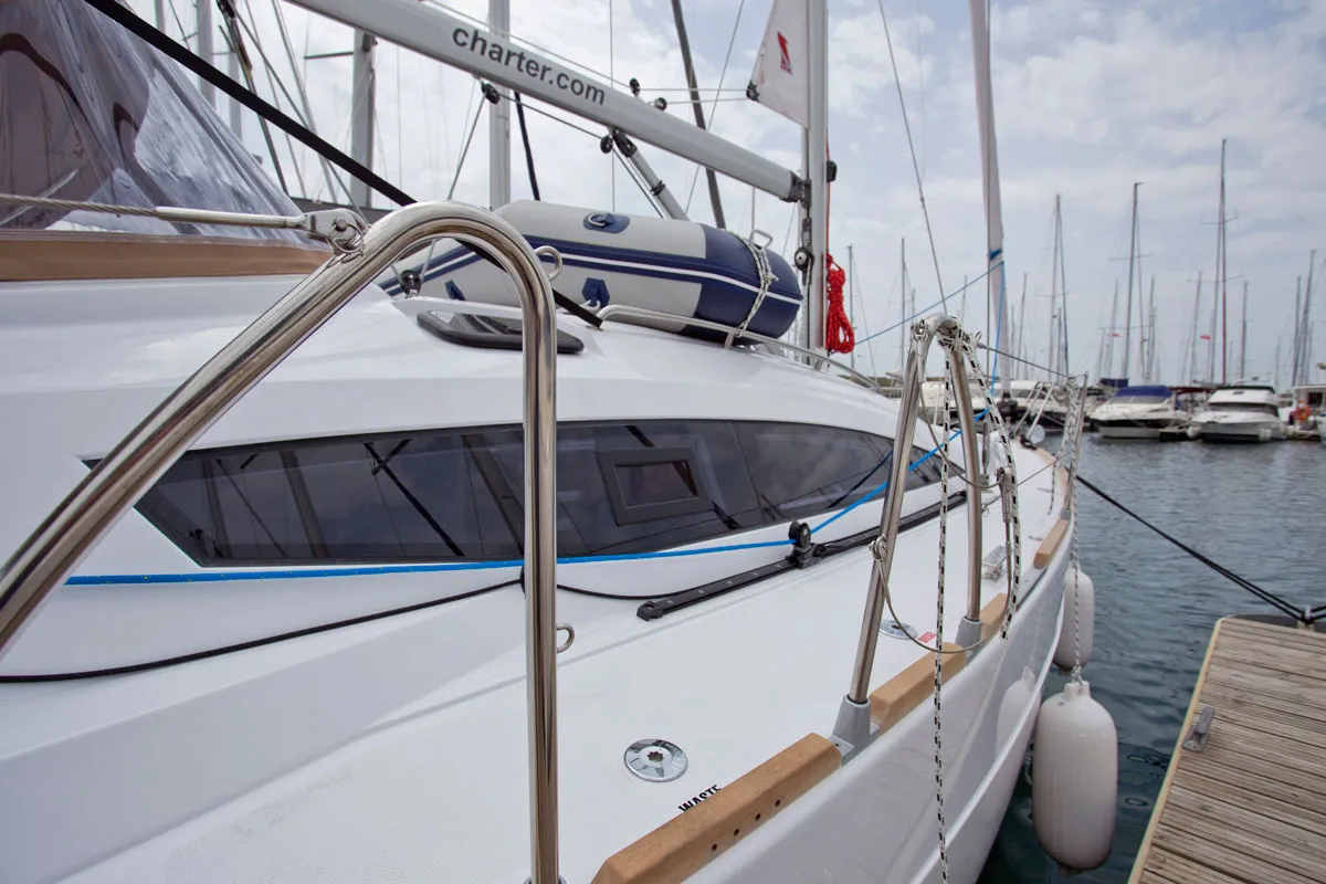 Exterior view of Silente, a Elan Impression 40 sailboat at Grad Labin, Croatia