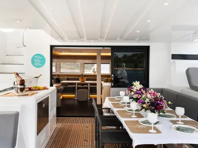 Deck of Lady M, a Lagoon 55 catamaran at Trogir, Croatia