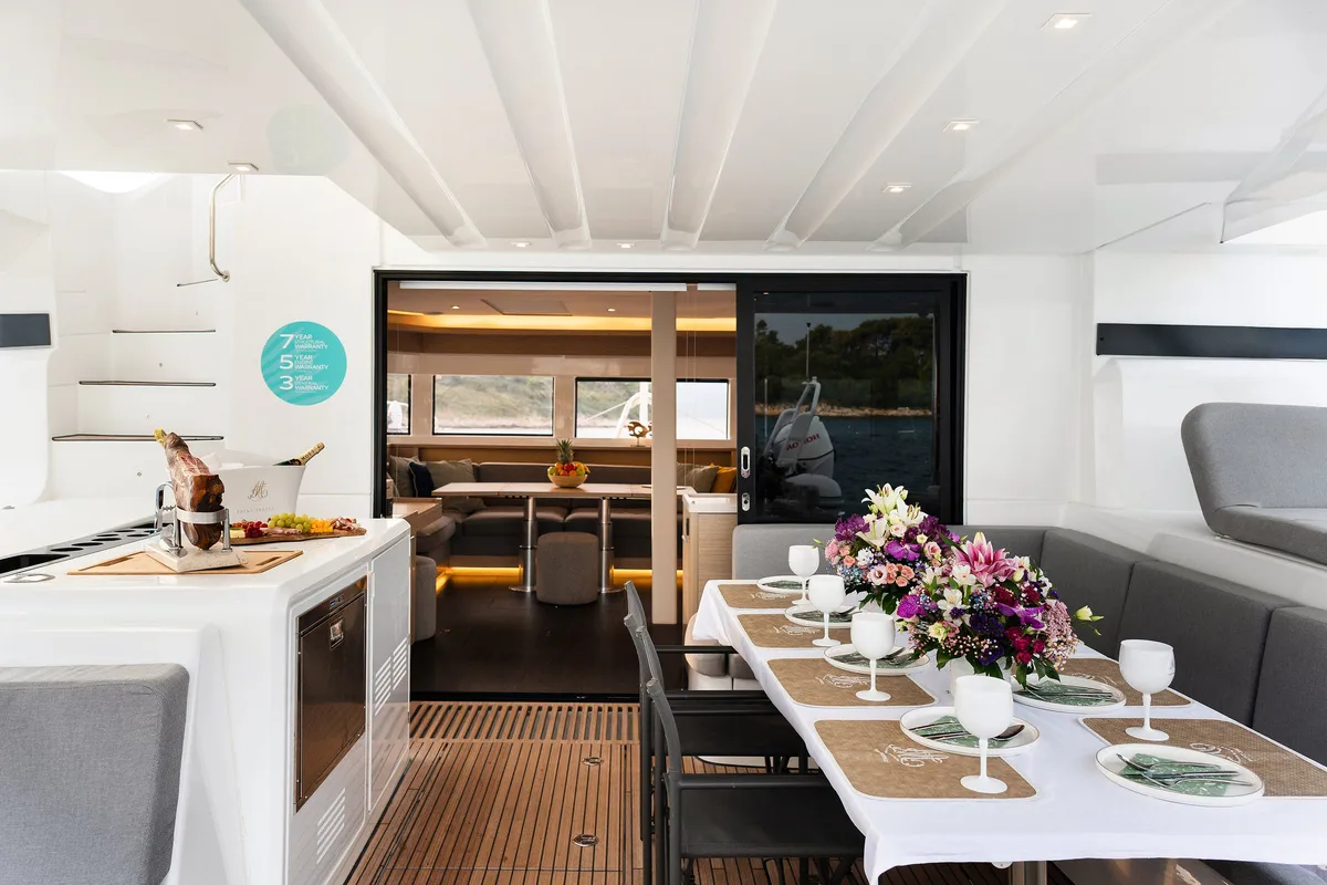 Deck of Lady M, a Lagoon 55 catamaran at Trogir, Croatia
