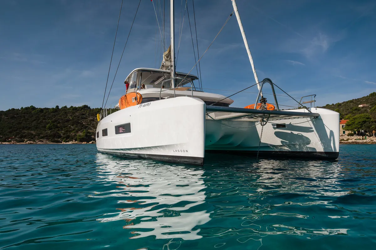Exterior view of Lady M, a Lagoon 55 catamaran at Trogir, Croatia