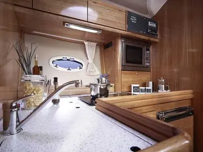 Galley of Ribelle, a Bavaria Sport 37 motorboat at Sant Antoni de Portmany, Spain