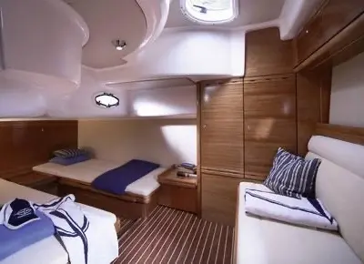 Cabin on Ribelle, a Bavaria Sport 37 motorboat at Sant Antoni de Portmany, Spain