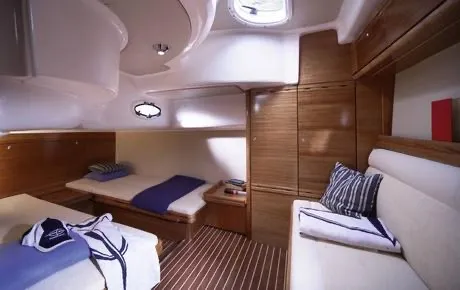 Cabin on Ribelle, a Bavaria Sport 37 motorboat at Sant Antoni de Portmany, Spain