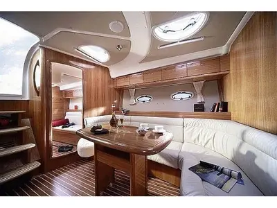Salon of Ribelle, a Bavaria Sport 37 motorboat at Sant Antoni de Portmany, Spain