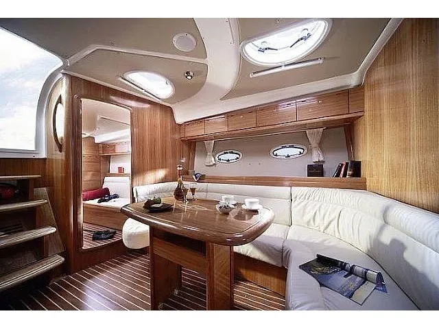 Salon of Ribelle, a Bavaria Sport 37 motorboat at Sant Antoni de Portmany, Spain