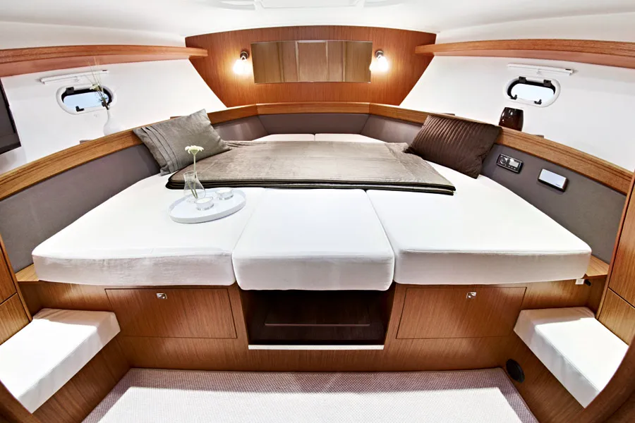 Cabin on Ribelle, a Bavaria Sport 37 motorboat at Sant Antoni de Portmany, Spain
