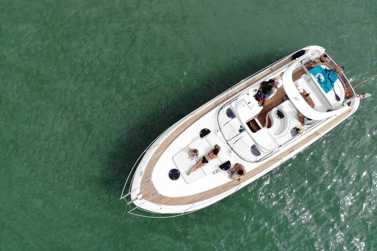 Exterior view of Ribelle, a Bavaria Sport 37 motorboat at Sant Antoni de Portmany, Spain