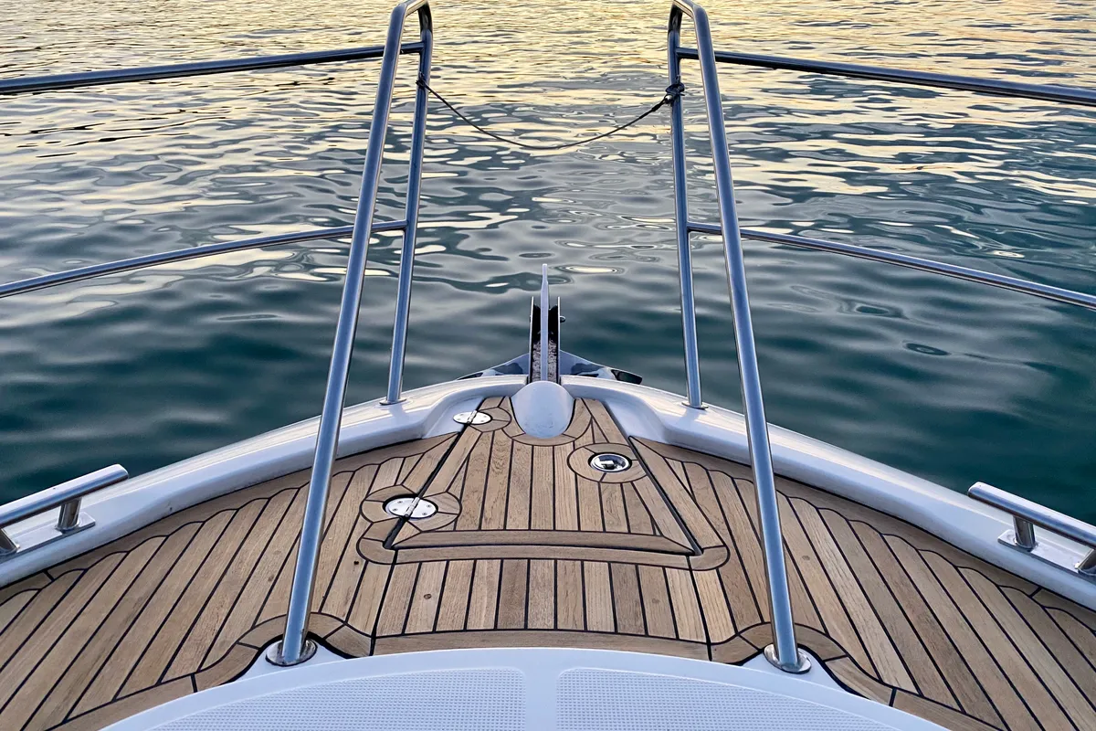 Deck of Ribelle, a Bavaria Sport 37 motorboat at Sant Antoni de Portmany, Spain