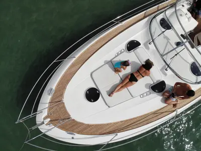Deck of Ribelle, a Bavaria Sport 37 motorboat at Sant Antoni de Portmany, Spain