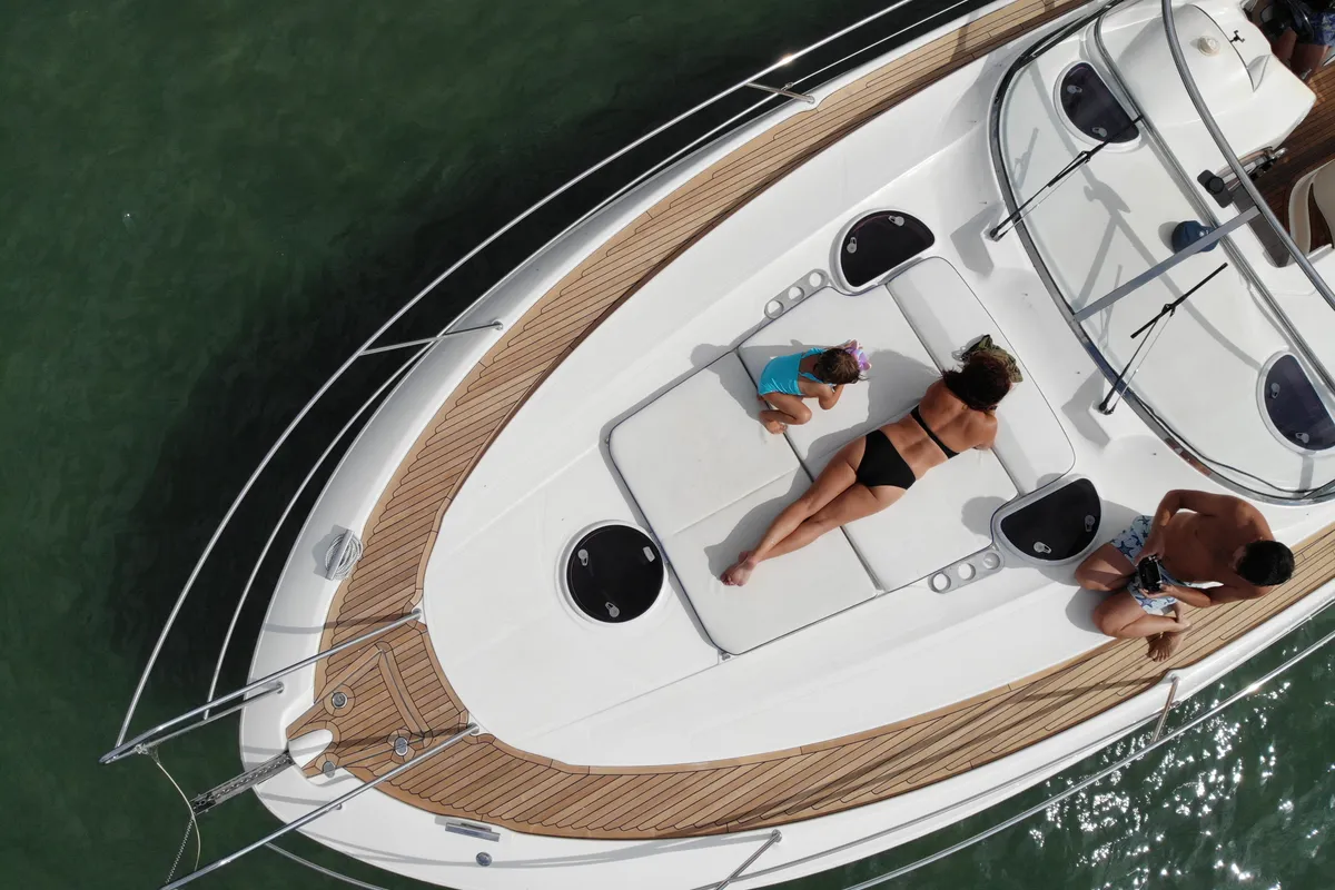 Deck of Ribelle, a Bavaria Sport 37 motorboat at Sant Antoni de Portmany, Spain