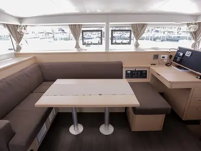 Salon of Mare Quiero, a Lagoon 400 catamaran at Bodrum, Turkey