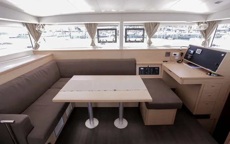 Salon of Mare Quiero, a Lagoon 400 catamaran at Bodrum, Turkey