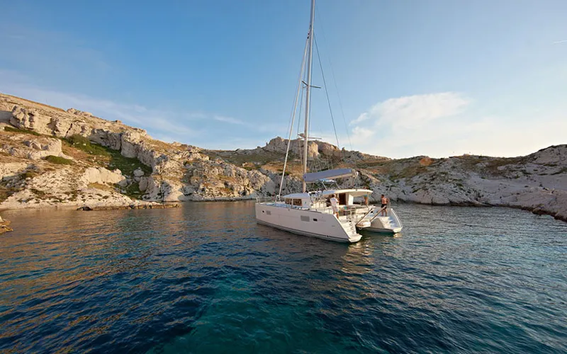 Exterior view of Mare Quiero, a Lagoon 400 catamaran at Bodrum, Turkey