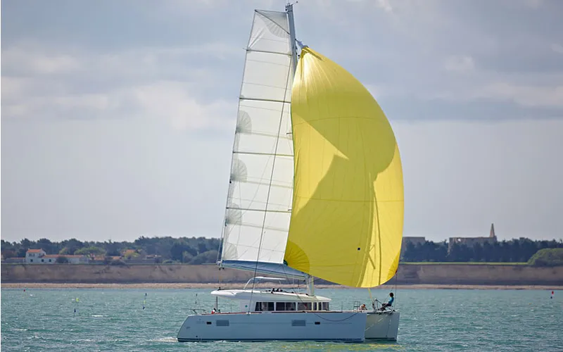 Exterior view of Mare Quiero, a Lagoon 400 catamaran at Bodrum, Turkey