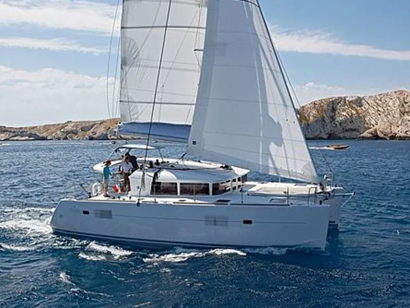 Exterior view of Mare Quiero, a Lagoon 400 catamaran at Bodrum, Turkey