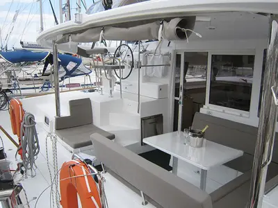 Deck of Mare Quiero, a Lagoon 400 catamaran at Bodrum, Turkey