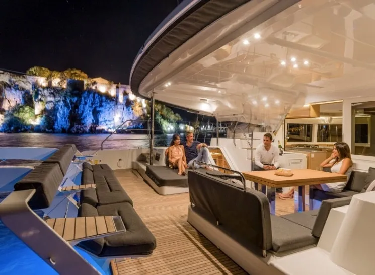 Deck of Summertime, a Lagoon 52F catamaran at Capo d'Orlando, Italy