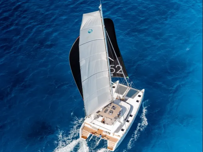 Exterior view of Summertime, a Lagoon 52F catamaran at Capo d'Orlando, Italy