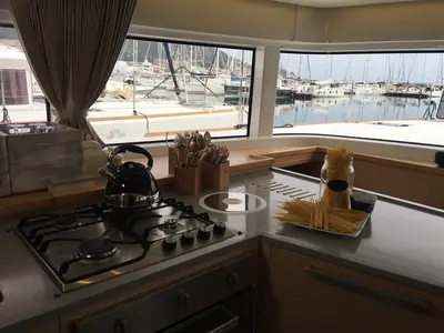 Galley of Summertime, a Lagoon 52F catamaran at Capo d'Orlando, Italy