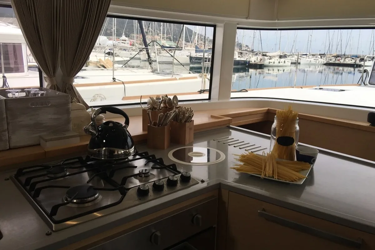 Galley of Summertime, a Lagoon 52F catamaran at Capo d'Orlando, Italy