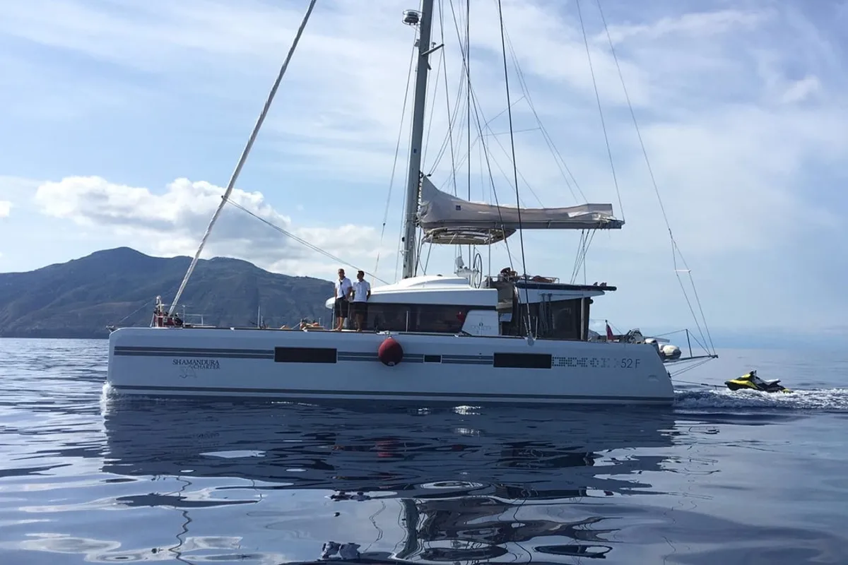 Exterior view of Summertime, a Lagoon 52F catamaran at Capo d'Orlando, Italy
