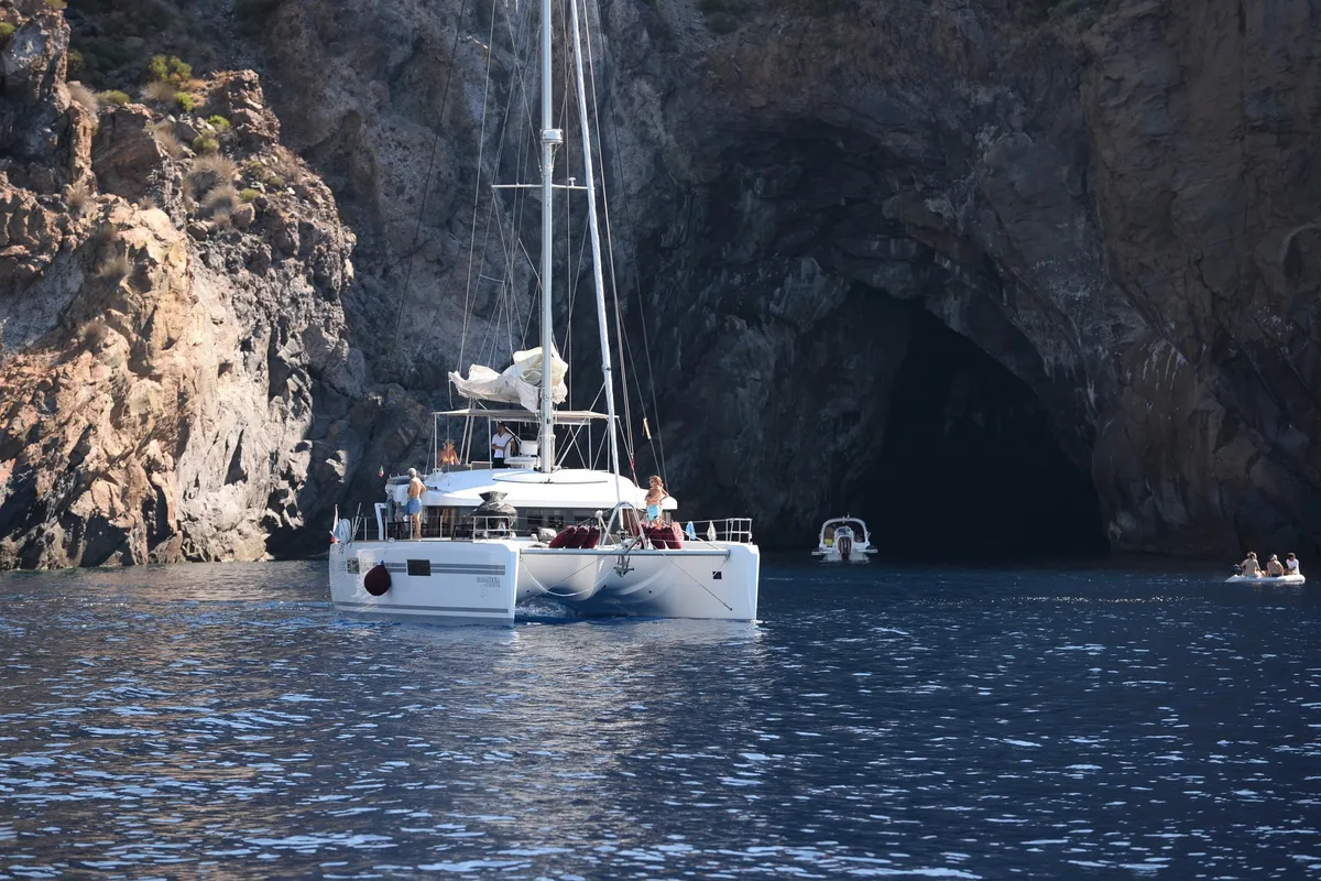 Exterior view of Summertime, a Lagoon 52F catamaran at Capo d'Orlando, Italy