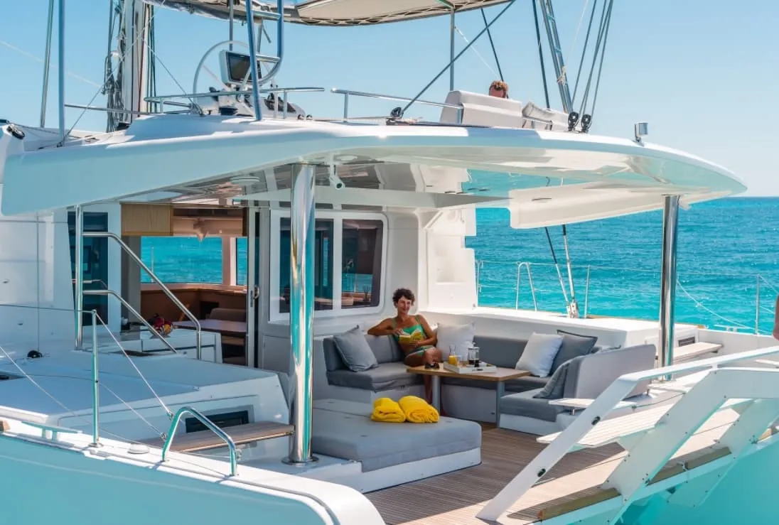 Deck of Summertime, a Lagoon 52F catamaran at Capo d'Orlando, Italy