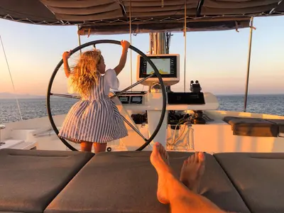 Cockpit of Summertime, a Lagoon 52F catamaran at Capo d'Orlando, Italy