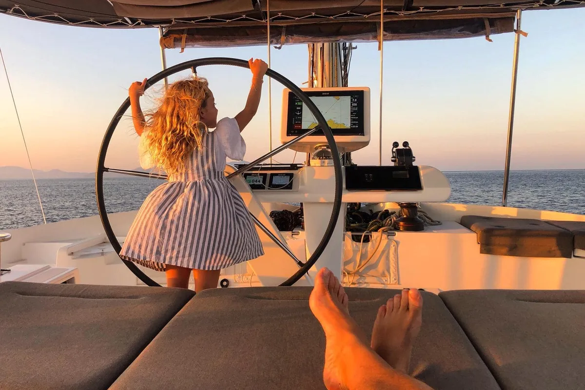 Cockpit of Summertime, a Lagoon 52F catamaran at Capo d'Orlando, Italy